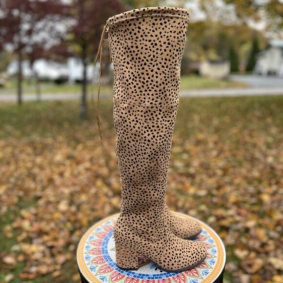 Pierre Dumas Takeoff 2 Womens Sz 7 Over-the-Knee Leopard Cheetah Heeled Boots - Picture 1 of 12
